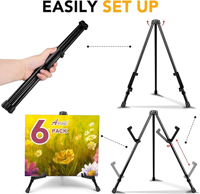 AROIC 6 Pack 14'' Tabletop Easels, Black Steel Table Top Easels for Display, Adjustable Portable Table Top Easel for Paintings, Signs, Posters,Frame Pictures(with 6 Bags)