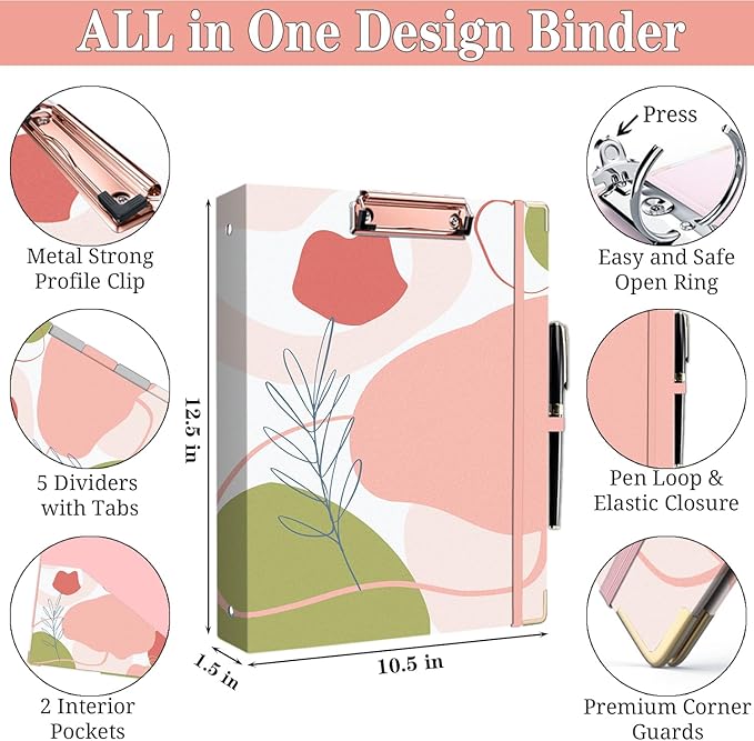 Lateefah 3 Ring Binder, 1 Inch Binder Organizer for Letter Size(8.5'' x 11'') with 5-Tab Dividers and Pockets, File Folders with Low Profile Clipboard for Office, School Supplies