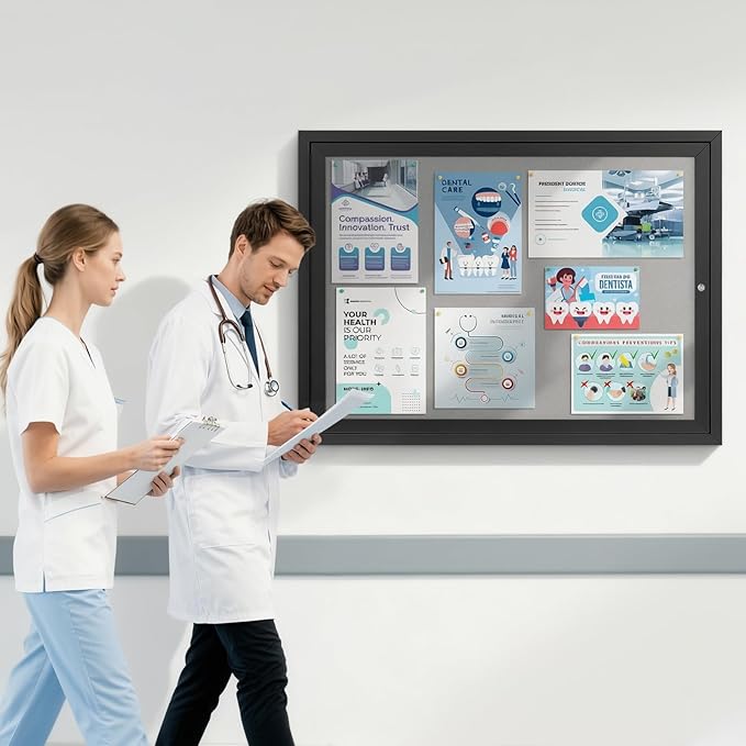 S SWANCROWN Outdoor Bulletin Board Weatherproof 37x28in, Enclosed Bulletin Board Wall Display Case Grey Felt Board for Office School Commerce,Black Aluminum Frame