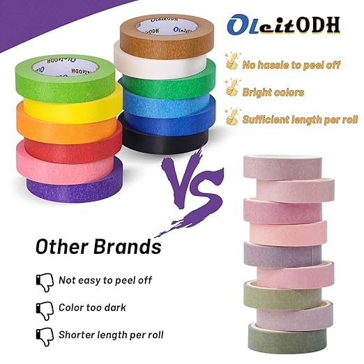 Oleitodh 12 Rolls Colored Masking Tape Painters Tape 2 Inch x 360 Yards, Rainbow Colors Bulk Colorful Paper Marking Tape for Arts Crafts Labeling DIY Office Home Supplies