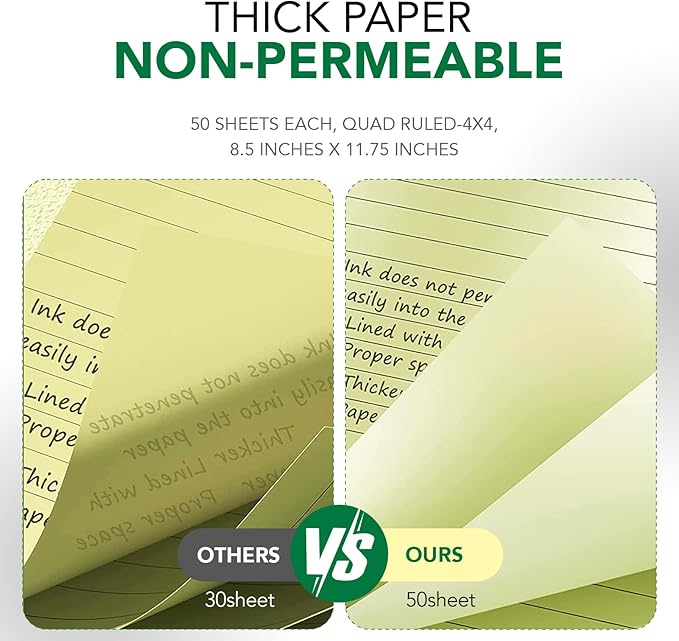KAISA Graph Paper Legal Pads Writing Pads Recycled Paper 8.5"x11.75" Quad Ruled 4x4 Perforated 50 sheets/pad Grid Paper Yellow Notepads Writing Tablet For Office Supplies (Canary 6pad, 8.5x11.75'')