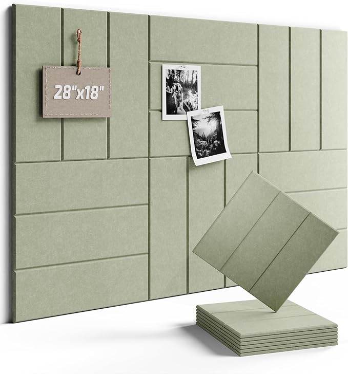 Fluxynara Felt Bulletin Board Tiles -28"x18" with 40 Adhesive Tabs, Cork Board Alternative for Office Decor, Push Pin Board Wall Organizer 6-Pack (Sage)