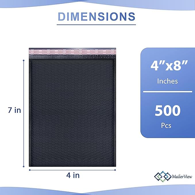 MAILERVIEW Black Small Bubble Mailers 4x8 Inch #000 | Thick Padded Poly Bubble Mailer Envelopes | 500 Pack Bulk | Trading Card Sports Card Shipping Made In USA