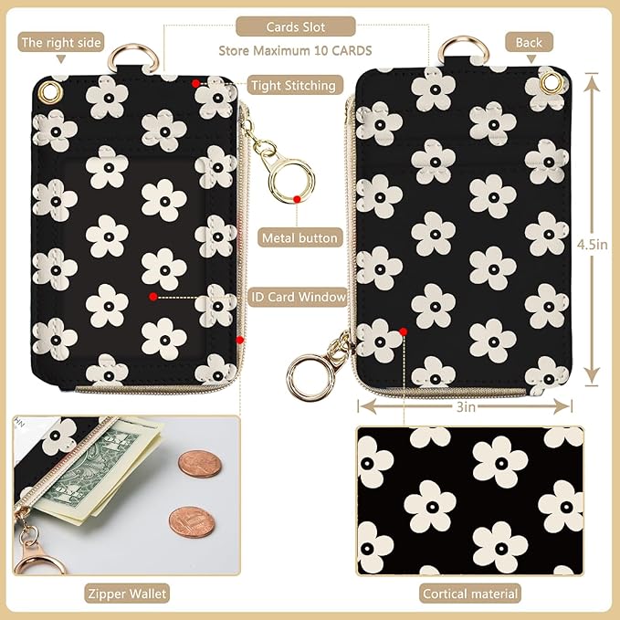 bolimoss Cute Floral Lanyard Wallet and ID Badge Holder with Zipper Pocket Breakaway Phone Wrist Lanyard, RFID Pu Leather Credit Card Holder
