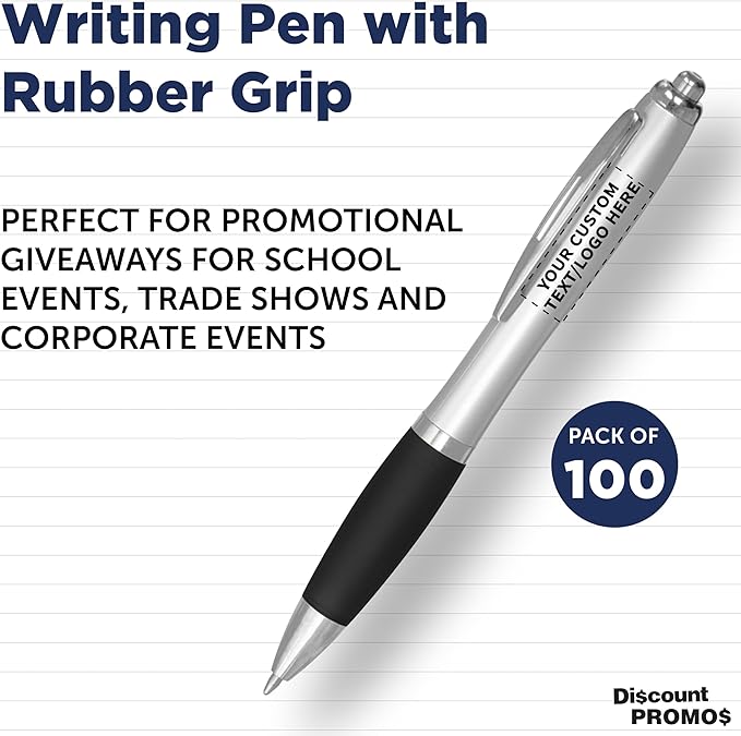 DISCOUNT PROMOS Personalized Ballpoint Pens With Rubber Grip, 100 pack Customizable Ergonomic Click-to-Write Custom Writing Pens for School with Black Ink, Black