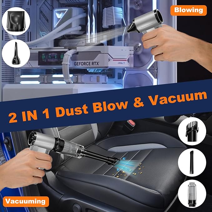 2-in-1 Compressed Air Duster-150000RPM Super Power Electric Duster with 8000mAh Battery, Continuously Adjustable Speed Cordless Air Duster Rechargeable for PC Keyboard, Car, Home, and Outdoor