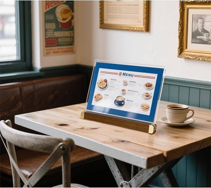 8.5 x 11 Menu Holder, Acrylic Table Menu Stand, Classic Wooden Sign Holder, Double Sided Display Table Top Paper Holder, for Bar, Cafe, Restaurant, Store, Certificate, Document (Vertical, 6pack)