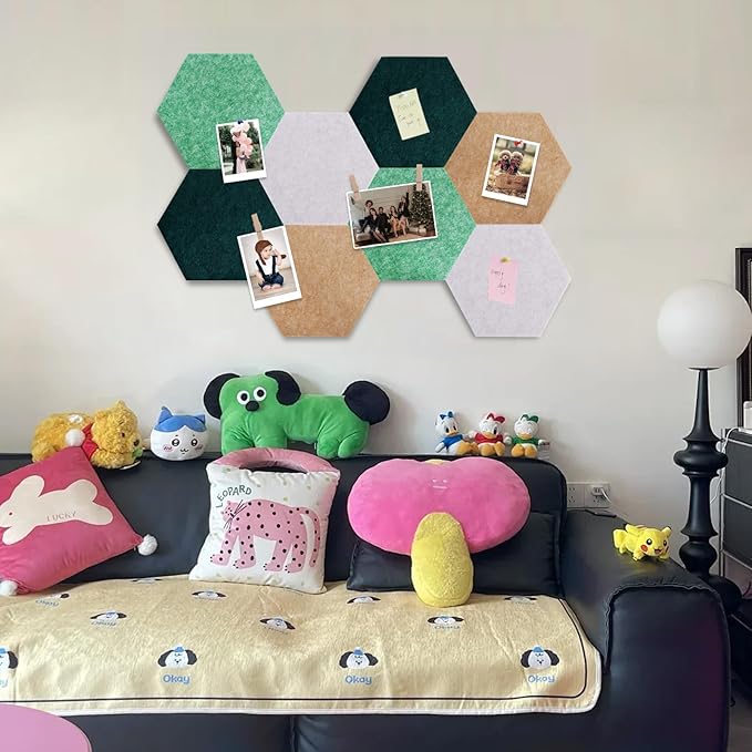 Vuzvuv 8 Pcs Hexagon Bulletin Board with 50 Pushpins & 10 Wooden Clip Pins Adhesive Cork Board for Wall，Felt Pin Board for School，Office Decor（Green Brown）