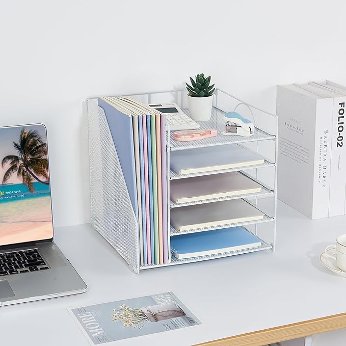 LEKETREE Desk Organizers and Accessories, 5-Tier Paper Letter Tray Organizer with File Holder, Desktop Organizer for Office Supplies (White)