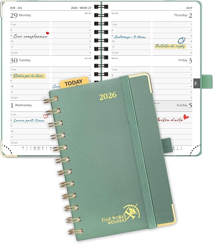 POPRUN 2026 Pocket Planner with Hourly Time Slots for Purse, (Small Size-4'' x 6.25'') - Daily Weekly and Monthly Calendar Agenda 2026 Appointment Book with Inner Pocket, 100 GSM - Midnight Green