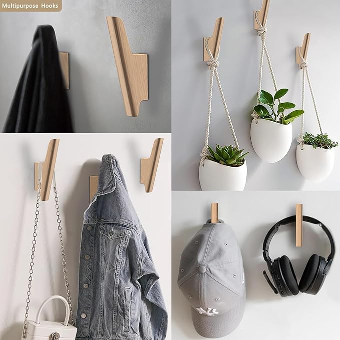 FCOWK Wood Wall Hooks 4 Pack Coat Hooks Wall Mount Natural Wooden Hooks for Hanging Hat, Bag, Backpack, Rustic Coat Hooks for Wall, Wood Towel Hooks for Bathrooms and Entryway Hooks