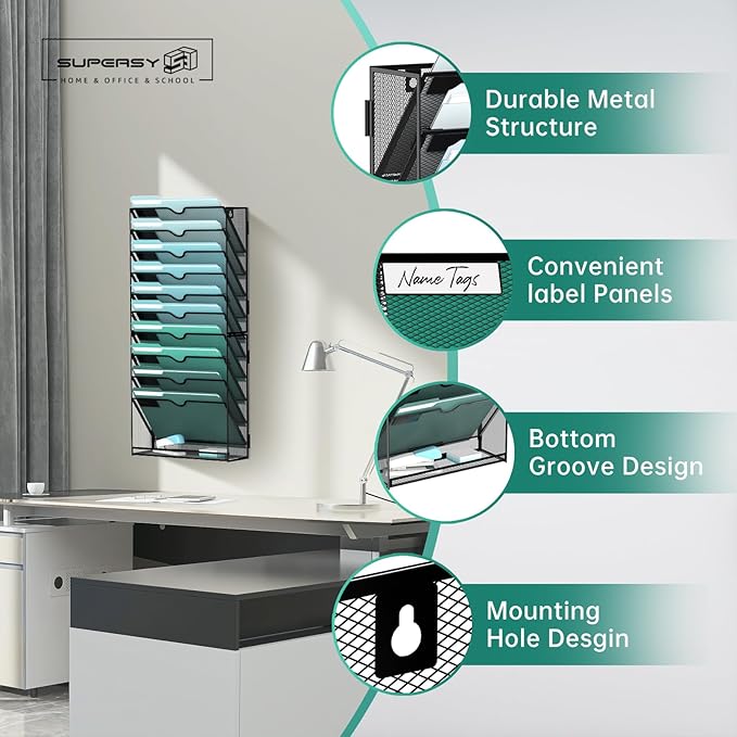 SUPEASY 11-Tier Wall File Organizer, Hanging Wall Files for Papers, Folders, Magazines, Wall Organizer for Clipboard, Assembly Needed, Black