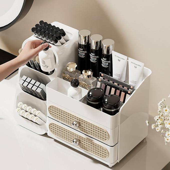 KQJS Makeup Organizer with Drawers,Large Capacity Countertop Organizer for Vanity,Bathroom and Bedroom Desk Cosmetics Organizer,Easy To Storage Skincare,Brushes,Lotions,Lipstick (All white)