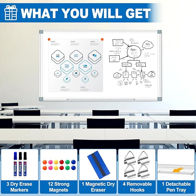 Max-officoo White Board Dry Erase Whiteboard for Wall 72" x 48" Aluminum Presentation Magnetic Whiteboards with 4 Hooks, 12 Magnets, 3 Markers & 1 Eraser