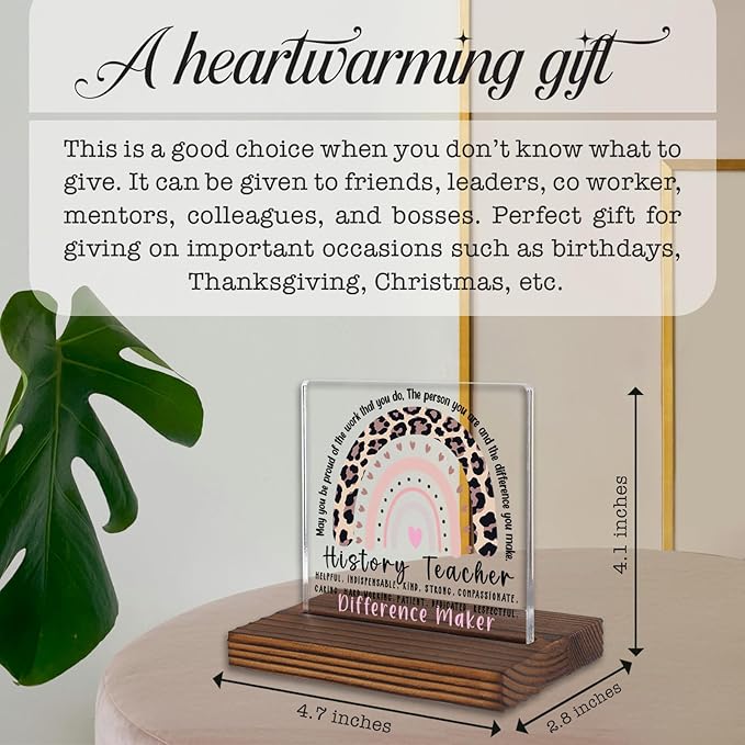 History Teacher Gift Desk Sign Appreciation Plaque, Difference Maker Thank You Gift for Social Studies Teacher Graduation Birthday Christmas Office Classroom Decor PA094