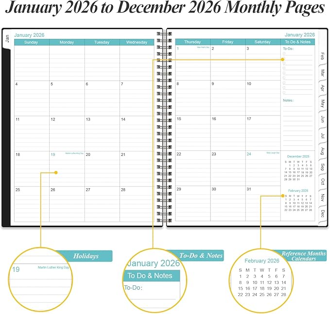 2026 Planner - Planner 2026 from January 2026 to December 2026 with 12 Monthly Tabs, Flexible Cover, Inner Pocket, 8.5" x 11", Black