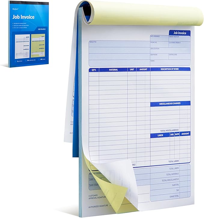 Harfesto Job Work Order Forms, Large Size Contractor Invoice Book 8-1/2" x 11-7/16", Invoice Receipt Book for Small Business, 2-Part Carbonless Forms, 50 Sets