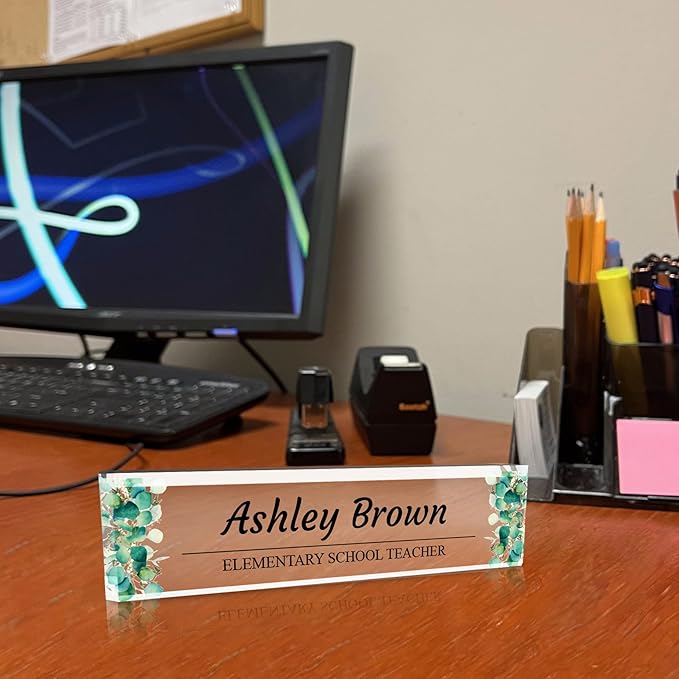 Signs ByLITA Floral Pattern Customized Nameplate | Eucalyptus Personalized Full Color Acrylic Desk Sign