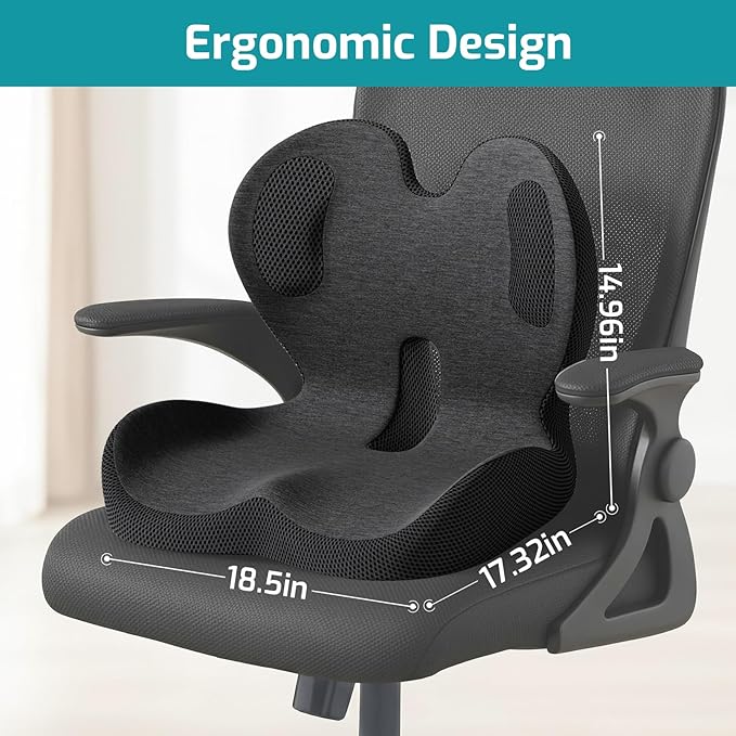 Memory Foam Seat Cushion,Office Chair Cushion with Lumbar Support,L-Shape Ergonomic Cushions with Strap,Non-Slip Sciatica,Hemorrhoids, Tailbone Pain Relief for Office Workers,Driver (Black+ Gray)