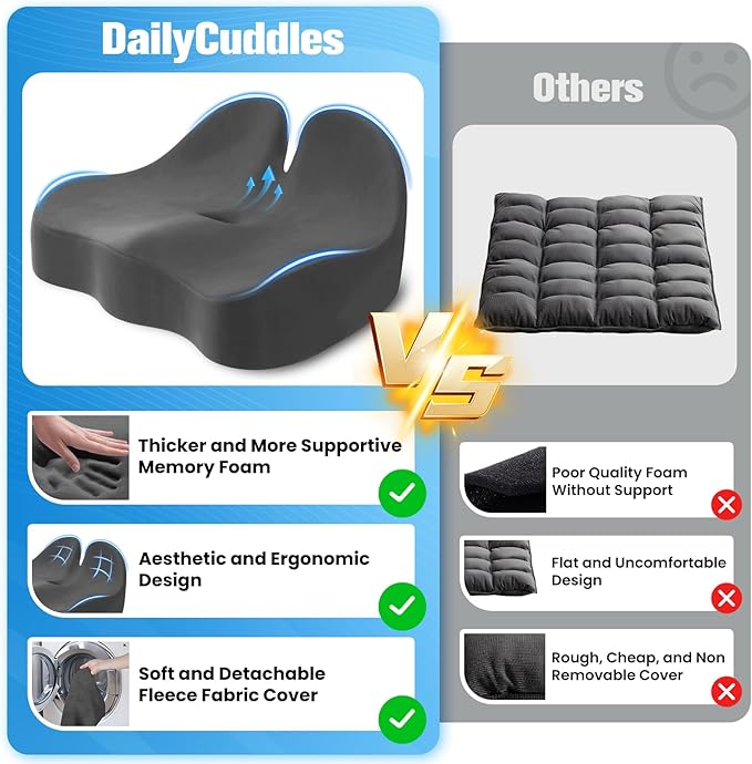 DailyCuddles Seat Cushion, Chair Cushions for Office Chairs/Desk Seats/Wheelchair - Hip&Sciatica&Tailbone Pain Relief Memory Foam Office Chair Cushion for Long Sitting Office Workers, Grey