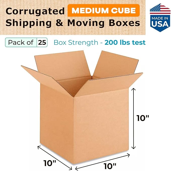 Medium Cube Moving & Shipping Boxes 10"L x 10"W x 10"H (25-Pack) - Extra Strength 200 lb vs Regular - Corrugated Strong Cardboard Boxes - Medium Moving Box - Heavy Duty Box by IDL Packaging