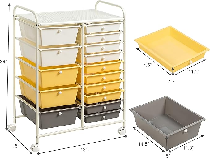 DORTALA 15-Drawer Rolling Storage Cart with Drawers, Rolling Utility Cart w/Removable Drawers & Universal Wheels, Tools Scrapbook Paper Organizer for School, Office, Home, Classroom (Yellow)