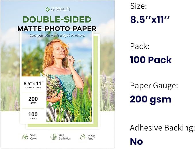 Double Sided Matte Photo Paper 8.5 x 11, Goefun 200GSM/54LB Presentation Paper for Inkjet Printer, 100 Sheets