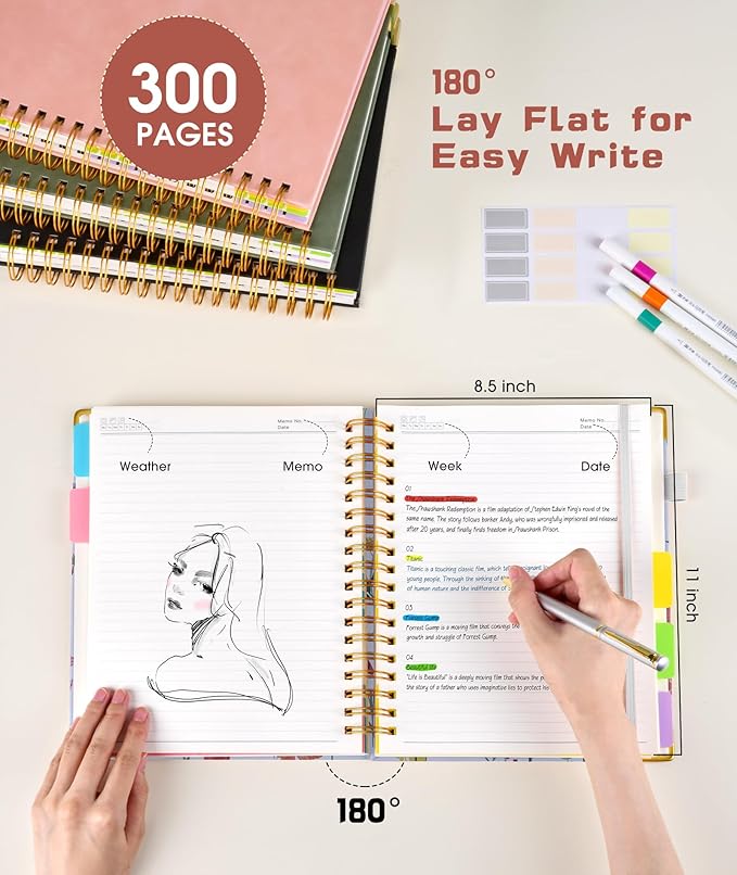 Hardcover Spiral Notebook 8.5"x11" Journal with Removable Dividers Tabs, 300 Pages Leather 5 Subject Notebook College Ruled, Large A4 Notebooks for Work School, Journal for Women, A4 Light Brown