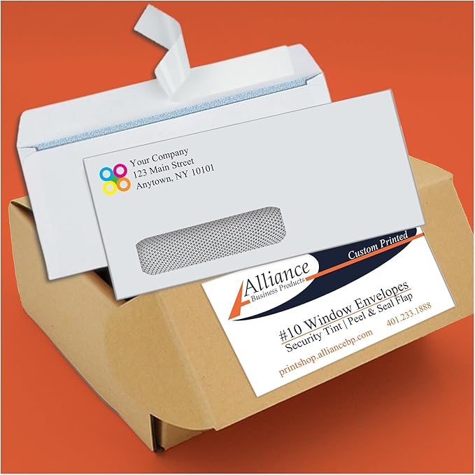 2500#10 Commercial Custom Printed Envelopes, White, Single Left Window, Self Seal, Security Tinted, Text and Logo Customization, Size 4-1/8 x 9-1/2 Inches, 24 LB