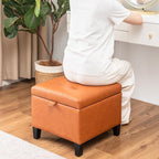 Asense 17 Inch Storage Ottoman Foot Rest,Square Faux Leather Foot Stool,Small Ottoman with Storage,Padded Seat for Entryway,Living Room,Bedroom,Couch,Under Desk,Cognac Brown