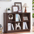 Joaxswe 6 Cube Storage Bookcase, 40" Wide Low Horizontal Book Shelf with Curved Edge, Wood Floor Standing 2-Tier Bookshelf with Base, Farmhouse Short Book Case for Bedroom, Living Room, Office, Walnut