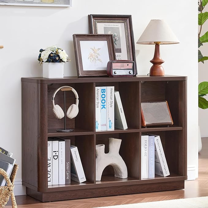 Joaxswe 6 Cube Storage Bookcase, 40" Wide Low Horizontal Book Shelf with Curved Edge, Wood Floor Standing 2-Tier Bookshelf with Base, Farmhouse Short Book Case for Bedroom, Living Room, Office, Walnut