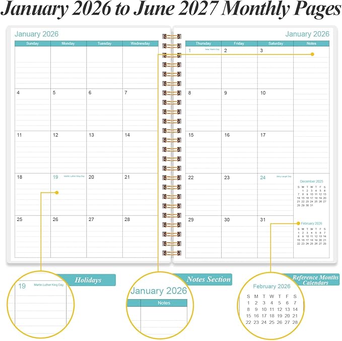 2026-2027 Planner - 18 Months Weekly & Monthly Planner from January 2026 - June 2027, Spiral Notebook 2026-2027 with Elastic Closure, Inner Pocket, Medium 5.8" x 8.3", Blue Leaf Flower