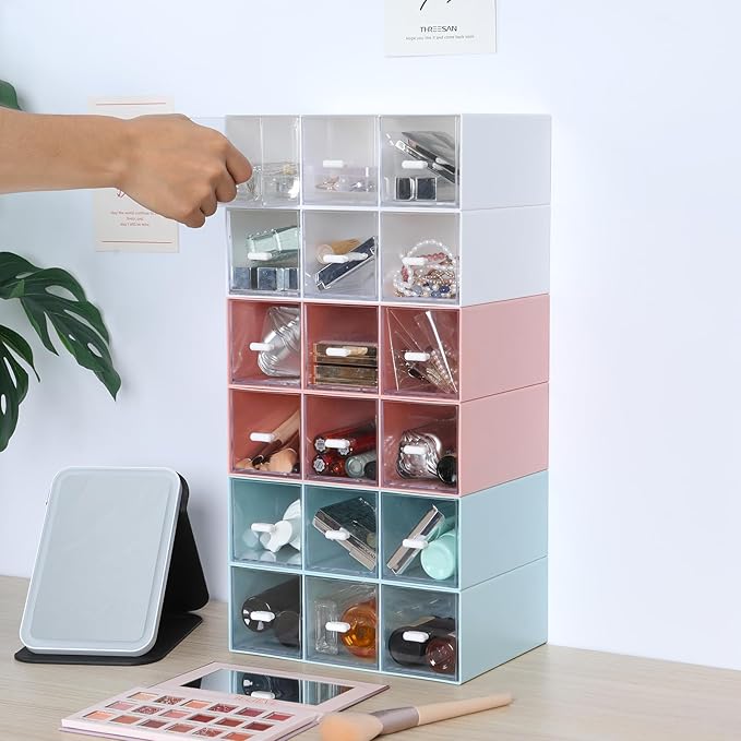 OSteed Desktop Drawers, Desk Organizer with 9 Drawers, Stackable Plastic Storage Box for Home Collection, Cosmetics, Jewelry, Office Supplies (3 Tiers, Mixed Colors)