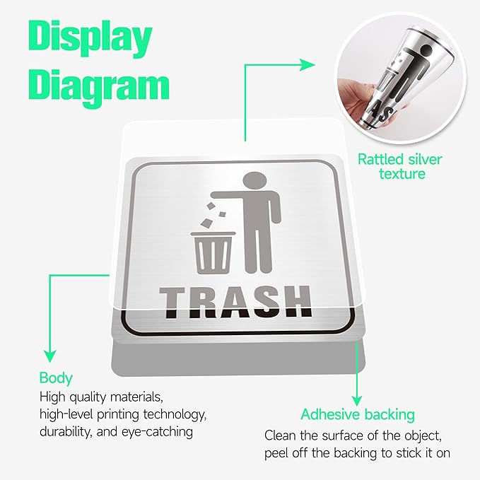 2PCS Recycle Stickers for Trash Bins, Self-Adhesive Waterproof Brushed Silver Trash and Recycling Stickers for Trash Can, Kitchen, Office, Garbage Bin Indoor, Outdoor Use