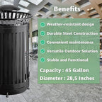 Zedfire 45 Gallon Black Waste Bin with Lid and Door, Outdoor Heavy-Duty Commercial Trash Can Steel Slatted, Round Recycle Container, Durable Garbage Can for Parks, Municipalities, Parking, Schools