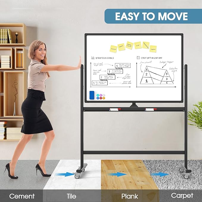 MaxGear Large Black Rolling Whiteboard on Wheels, 48" x 32" Double-Sided Magnetic Dry Erase Board with Stand, Reversible Standing Whiteboard Easel with Aluminium Frame for Office, School, Black