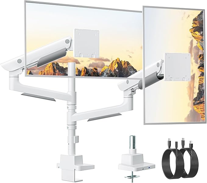 monTEK Sleek Aluminum Monitor Arm for 17–57” Ultrawide Screens up to 59.4 lbs, USB 3.0 A/C, Heavy Duty Dual Monitor Arm Desk Mount, Pneumatic Lift, Quick-Release Plate, Clamp/Grommet, max VESA 100x100