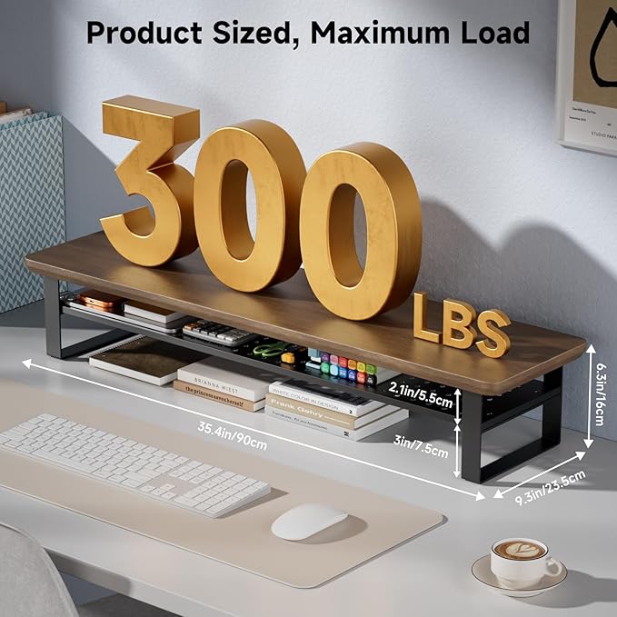 NestNeat Dual Monitor Stand, 35.4 Inch Monitor Stand Riser for 2 Monitors, 2 Tiers Wood Desk Shelf with Storage, Desktop Organizer Stand for Computer, Laptop, Printer, TV (Black Walnut, 35.4in)