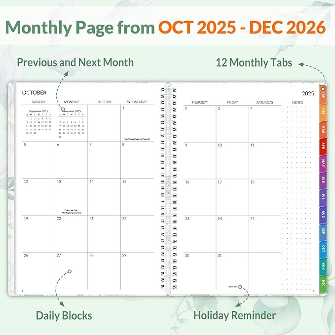 SUNEE 2026 Planner, Weekly and Monthly Calendar Planner, January 2026-December 2026, Daily Agenda with Tabs, Note Pages, Spiral Binding, 8.5"x11", Leaf