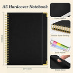 Bullet Dotted Journal Spiral Notebook, 300 Pages Leather Notebooks with Contens, 120 GSM Thick No Bleed Through Paper Journals, A5 Dot Grid Notebook for Women Men School Work Writing, 5.5" x 8", Black