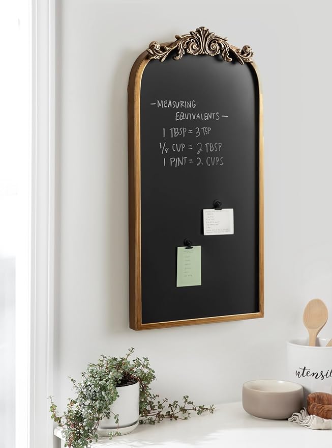 Kate and Laurel Arendahl Decorative Vintage Arch Chalkboard; 13 x 25; Gold; Framed Arched Ornate Magnetic Chalkboard for Unique Display; Decoration; and Organization