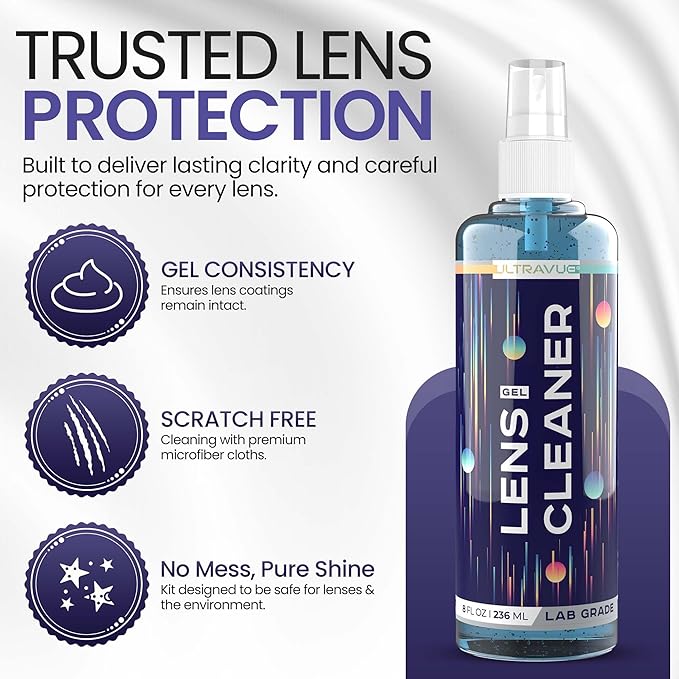 ULTRAVUE Eyeglass Gel Lens Cleaner Spray Kit - 3 x 8oz Gel Lens Cleaner Spray Bottle + 2 Microfiber Cloth for Cleaning - Safe for All Lenses (AR Coated Included), Eyeglasses and Screens