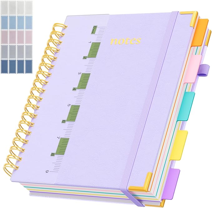 XYark Line Hardcover Spiral Notebook with Removable Dividers Tabs & Ruler, 5 Subject Notebook College Ruled, 300 Page, Large 8"x10" B5 Notebooks for Work School, Lined Journal for Women & Men, Light Purple