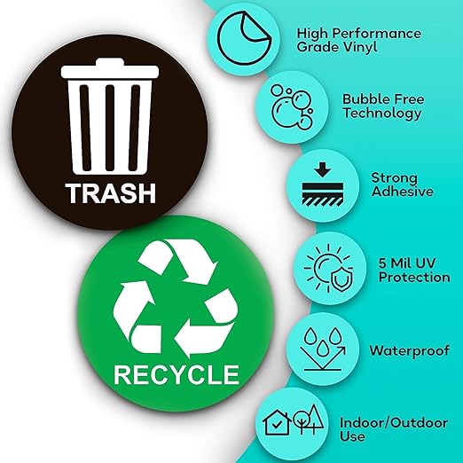 Recycle Sticker for Trash Bins - Perfect Recycling Stickers for Trash Can - 2 Pack - 5" by 5" Decal Logo - Ideal Label Sign for Home or Office Refuse Bin - Suitable for Indoor/Outdoor use