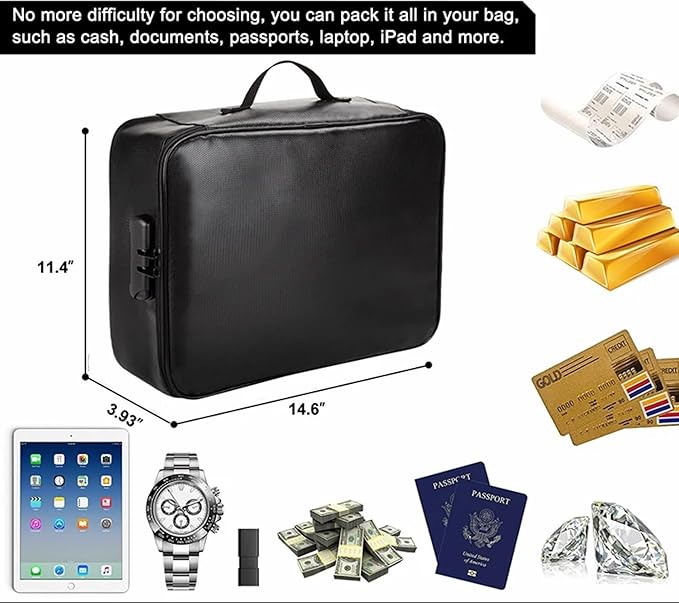 Fireproof Document Organizer, Large Size with 2000F Heat Insulated Money Bag, Document Safe, Office Briefcase, Black