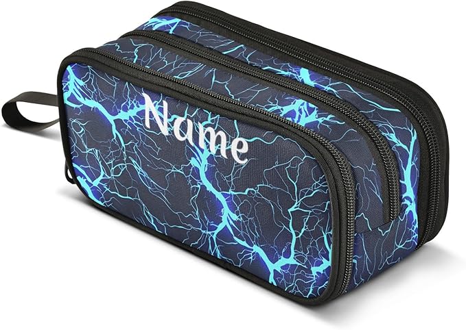 BOENLE Custom Dark Blue Electric Lightning Pencil Case Box Boys Girls Personalized Name Large Pencil Pouch Stationery Pen Bag Organizer for Kids Adults School Office