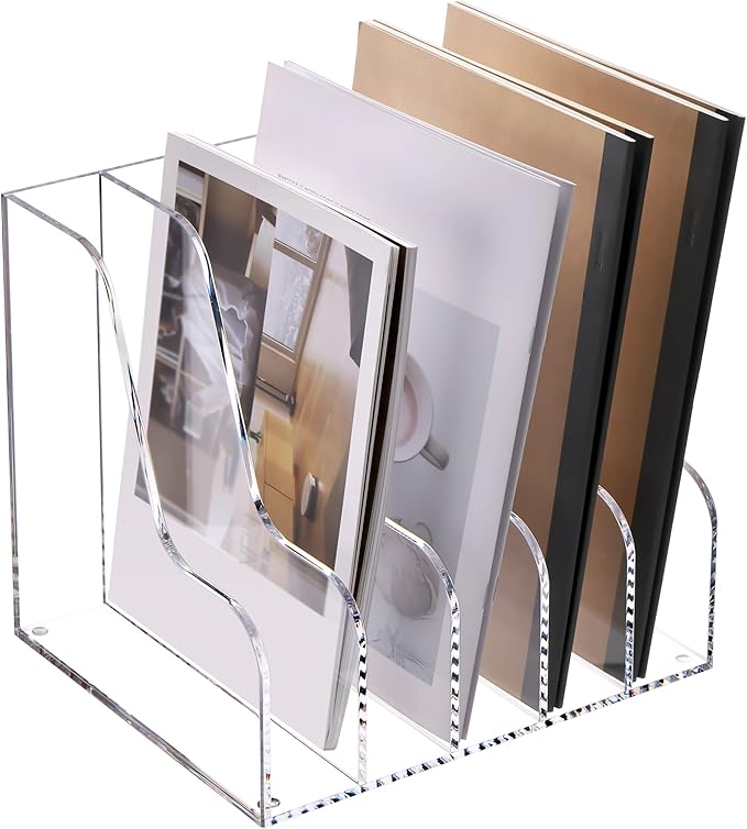 SANRUI Acrylic File Organizer, Compact Desk Organizer for Folders, Binders, Notebooks, Envelopes, Clear Magazine File Holder, 5 Section Bookshelf for School Home Office Organization, A4