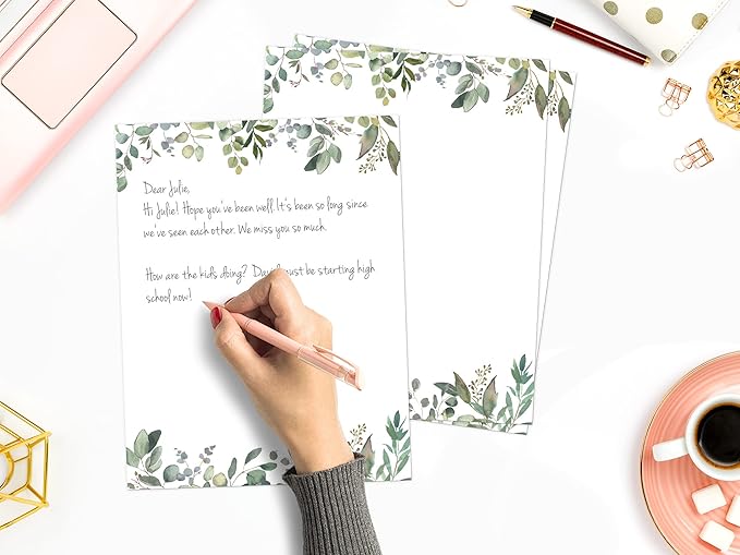 Leaf Theme Paper Stationery, Greenery Letterhead Paper 8.5 x 11 Inches, 50 Sheets, Elegant Writing Paper, Pretty Stationary Paper, Decorative Printer Paper