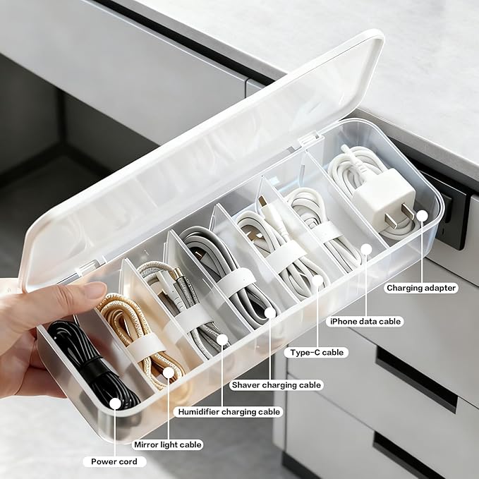 mioluo Cord Organizer Box with Lid, 7 Compartment Cable Management with 7 Wire Ties, Dustproof Cable Storage Box for Office & Home, Wire Hider for Computer Desk, Charger Cables, Power Cords (1pack)